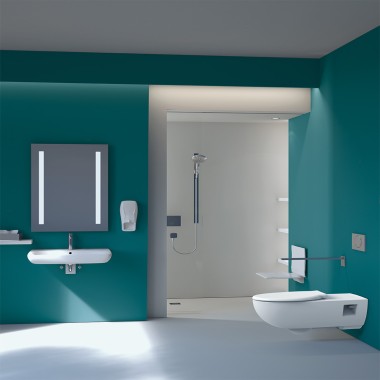 Salle de bain avec des produits de la série Geberit Selnova Comfort.