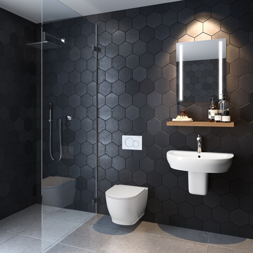 Bathroom with Geberit Senya WC and washbasin