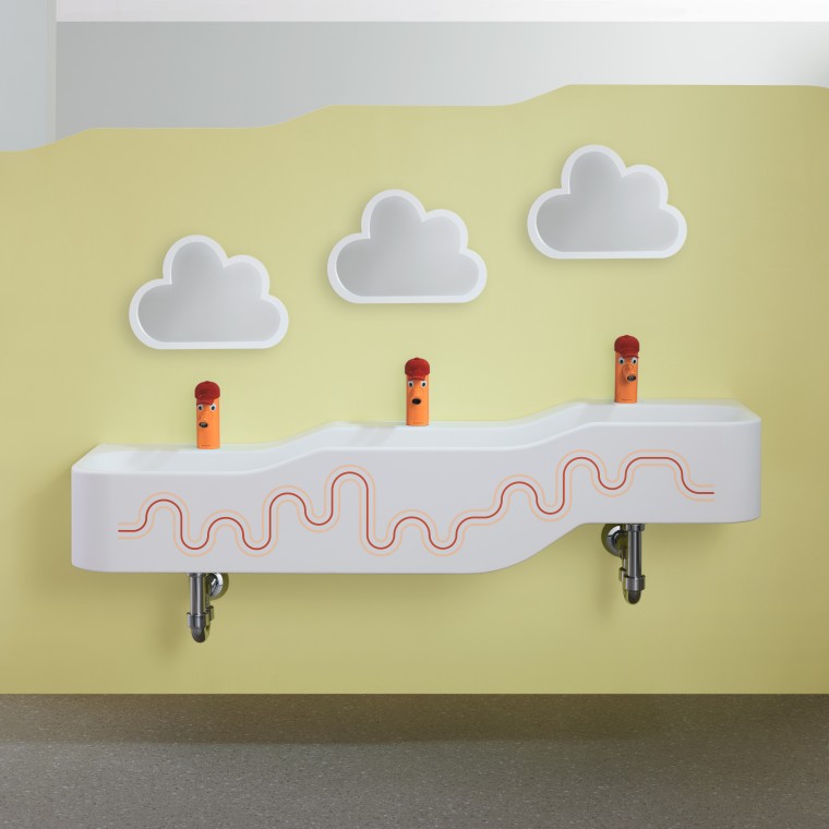 Geberit Bambini play and washspace in carmine red and orange Geberit Bambini play and washspace in carmine red and orange