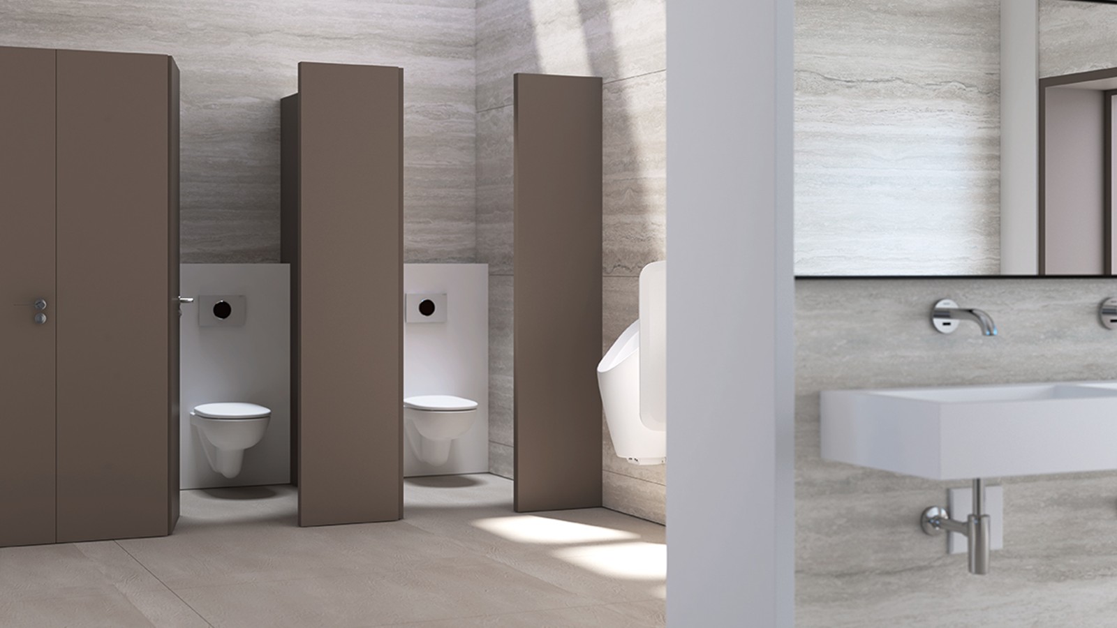 WC public doté de réservoirs, de plaques de déclenchement et d’urinoirs Geberit WC public doté de réservoirs, de plaques de déclenchement et d’urinoirs Geberit