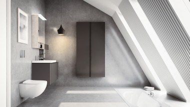 bathroom with a roof pitch