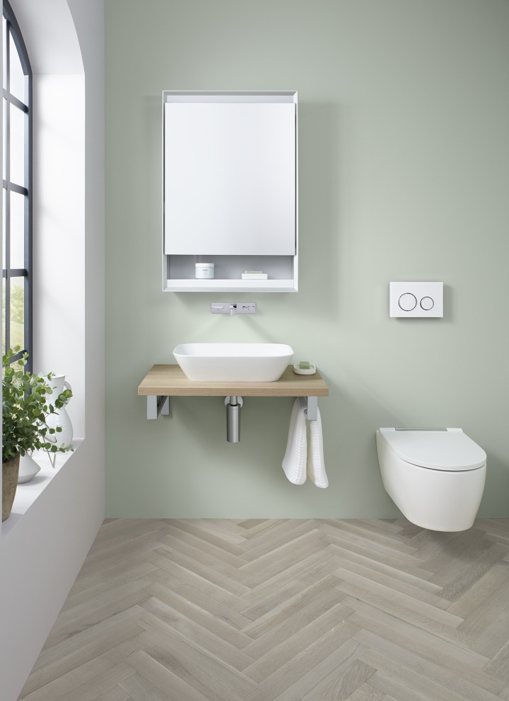 Bathroom with a large window, furnished with Geberit ONE