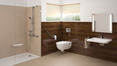 Barrier-free bathroom with washplace, WC and floor-even shower