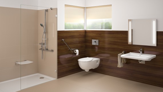 Barrier-free bathroom with washplace, WC and floor-even shower