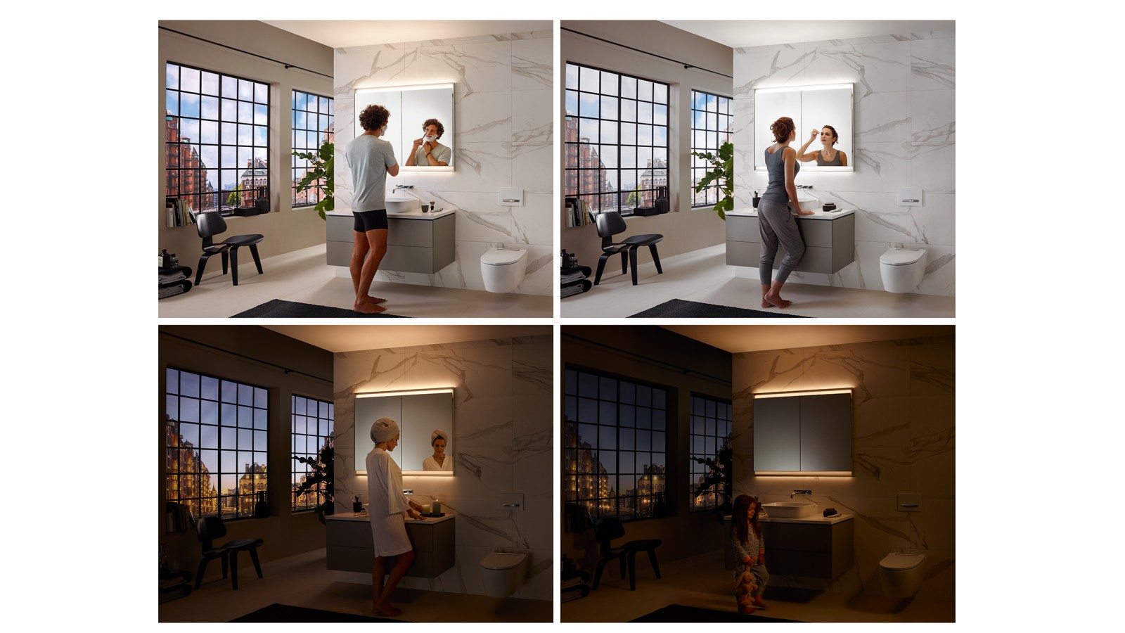 Différentes ambiances lumineuses dans la salle de bains grâce au concept dʼéclairage ComfortLight de Geberit (© Geberit) Différentes ambiances lumineuses dans la salle de bains grâce au concept dʼéclairage ComfortLight de Geberit (© Geberit)