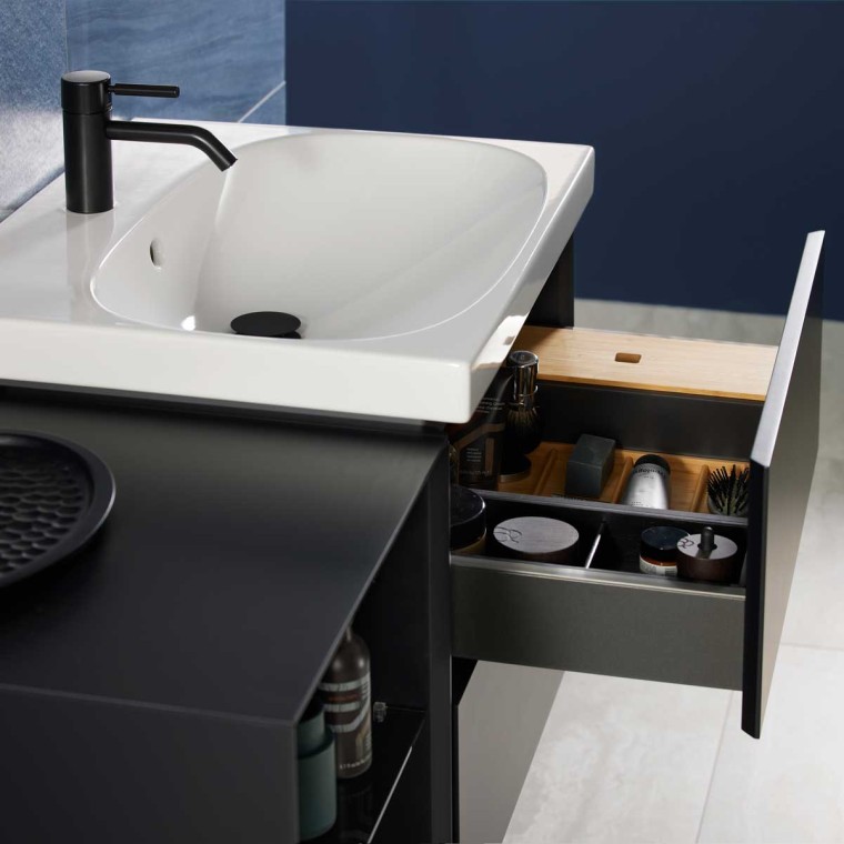 Mix & Match lavabo Geberit Acanto avec meuble bas Geberit ONE sans découpe de siphon