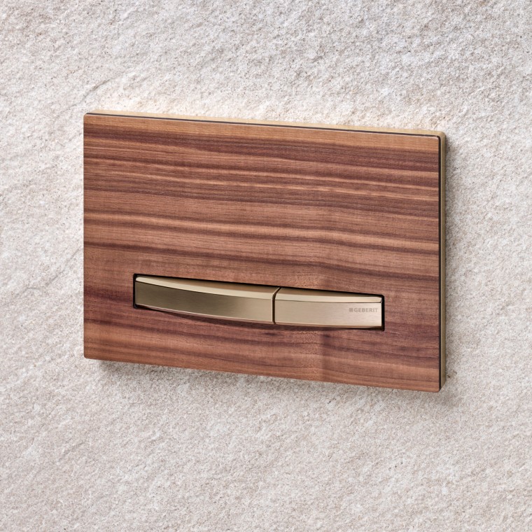 Geberit Sigma50 is available with an American walnut wood surface, among other designs. Geberit Sigma50 is available with an American walnut wood surface, among other designs.