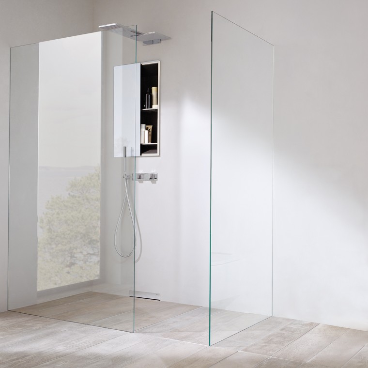Shower with seamlessly integrated walk-in shower panel Shower with seamlessly integrated walk-in shower panel