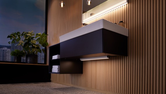 Armoire à miroir avec réglette lumineuse (© Geberit) Armoire à miroir avec réglette lumineuse (© Geberit)