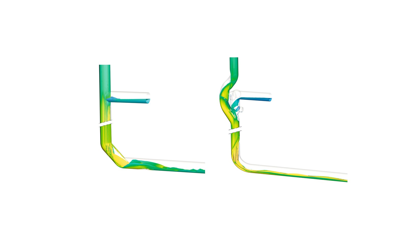 Changing direction with two Geberit Silent-db20 160 mm 45° bends, as illustrated on the left, causes the water in the pipe to swirl, which helps reduce the amount of noise generated. In contrast, the Geberit Silent-db20 BottomTurn bend, as illustrated on the right, calmly and orderly converts the annular flow from the stack into layered flow. Changing direction with two Geberit Silent-db20 160 mm 45° bends, as illustrated on the left, causes the water in the pipe to swirl, which helps reduce the amount of noise generated. In contrast, the Geberit Silent-db20 BottomTurn bend, as illustrated on the right, calmly and orderly converts the annular flow from the stack into layered flow.