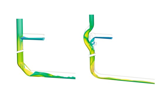 La déviation avec deux coudes Geberit Silent-db20 à 45° de 160 mm, comme illustré à gauche, provoque un tourbillonnement de l’eau dans la conduite, ce qui réduit le bruit généré. À l’inverse, le coude BottomTurn Geberit Silent-db20, illustré à droite, transforme le flux annulaire de la conduite de chute en flux laminaire de manière maîtrisée et fluide. La déviation avec deux coudes Geberit Silent-db20 à 45° de 160 mm, comme illustré à gauche, provoque un tourbillonnement de l’eau dans la conduite, ce qui réduit le bruit généré. À l’inverse, le coude BottomTurn Geberit Silent-db20, illustré à droite, transforme le flux annulaire de la conduite de chute en flux laminaire de manière maîtrisée et fluide.