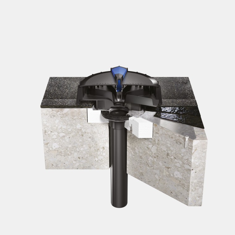 Montage de Geberit Pluvia sur un toit en béton avec étanchéité de la toiture bitumineuse Montage de Geberit Pluvia sur un toit en béton avec étanchéité de la toiture bitumineuse