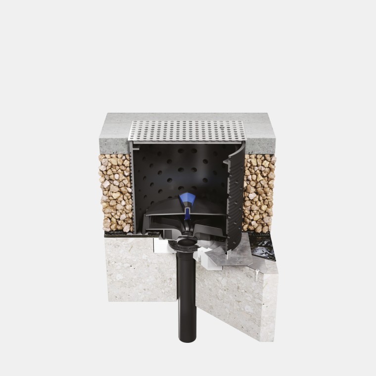 Installation de Geberit Pluvia sur une toiture en béton praticable avec étanchéité bitumineuse Installation de Geberit Pluvia sur une toiture en béton praticable avec étanchéité bitumineuse