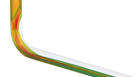 L’animation MFN montre la perte minime d’impulsion du flux présent dans le coude Geberit BottomTurn