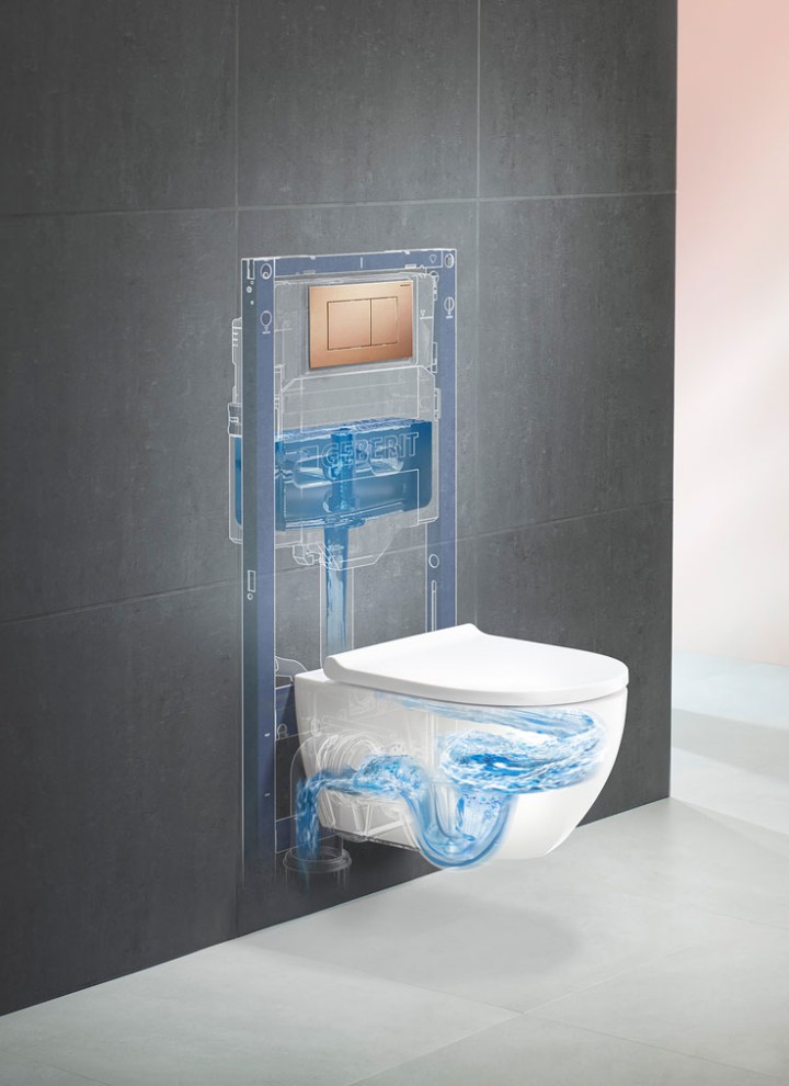 Système de WC Geberit avec WC Acanto, technologie de rinçage TurboFlush et plaque de déclenchement Sigma40 Système de WC Geberit avec WC Acanto, technologie de rinçage TurboFlush et plaque de déclenchement Sigma40
