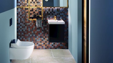 Gold and copper tones add warmth to this guest WC