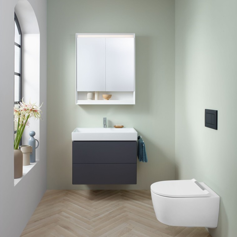 Petite salle de bains menthe avec meuble sous lavabo gris velouté, armoire de toilette, plaque de déclenchement et céramiques sanitaires de Geberit Petite salle de bains menthe avec meuble sous lavabo gris velouté, armoire de toilette, plaque de déclenchement et céramiques sanitaires de Geberit