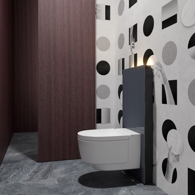 WC visiteurs avec WC lavant Geberit AquaClean Maïra et panneau sanitaire Monolith (©Bloomrealities/HTA pour la maison H.O.M.E. 2022)
