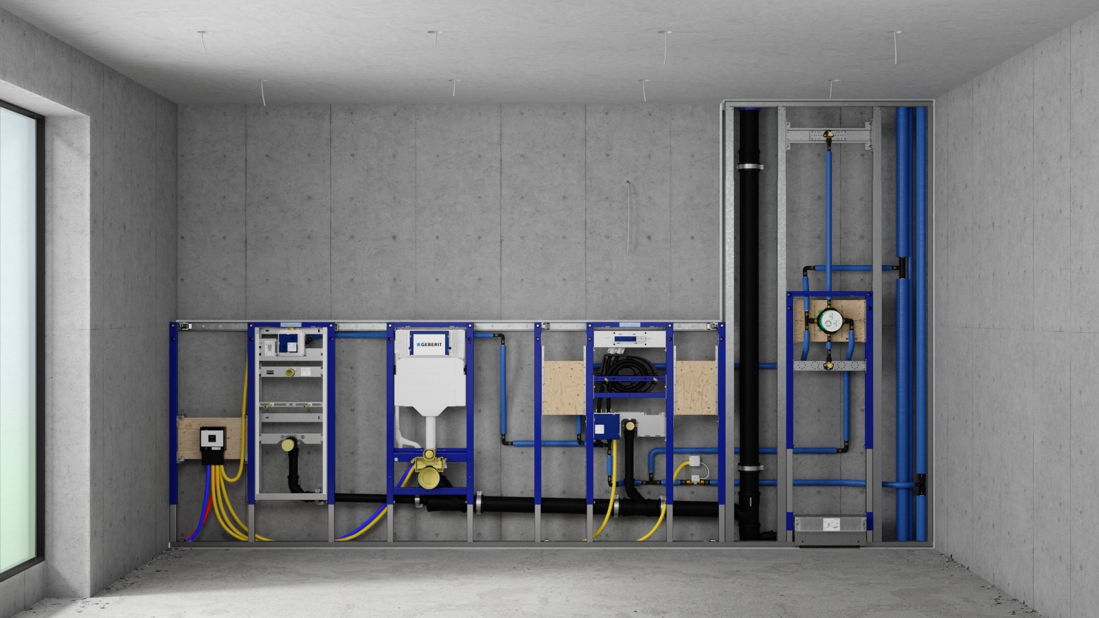 Paroi d’installation avec bâti-supports Geberit Duofix pour urinoir, WC, lavabo et douche Paroi d’installation avec bâti-supports Geberit Duofix pour urinoir, WC, lavabo et douche