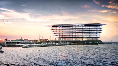 Un îlot flottant tout en légèreté : le nouveau siège de la société pharmaceutique Ferring Pharmaceuticals à Kastrup, au Danemark.