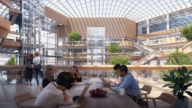 Bain de lumière assuré à l’intérieur du bâtiment grâce à la façade vitrée et à la verrière.