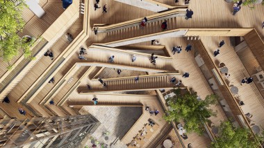 L’atrium, une cour intérieure autour de laquelle des escaliers et des ascenseurs mènent aux étages supérieurs, est le cœur du nouveau siège.