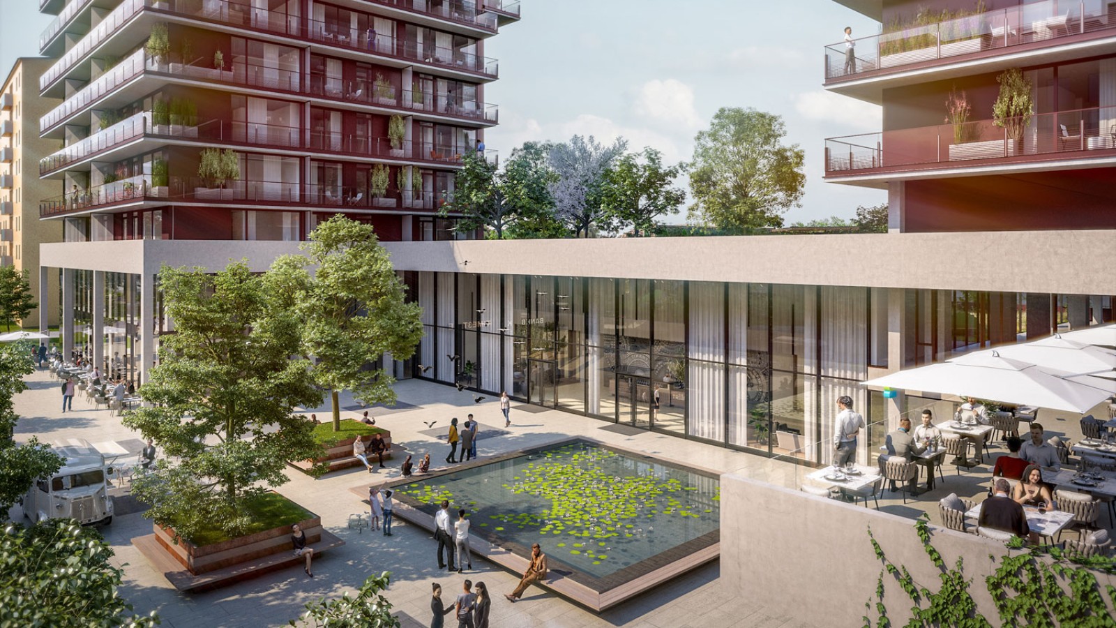 On the ground floor, the three towers are connected to each other (© Soravia)