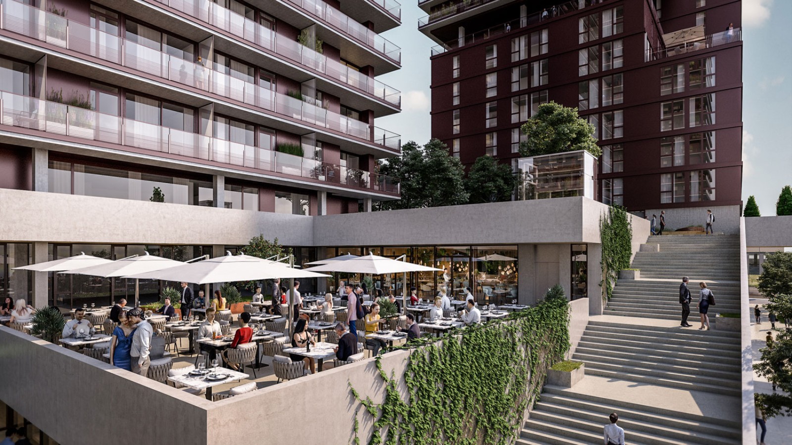 Overhanging roof terraces and gastronomy are part of the offer (© Soravia) Overhanging roof terraces and gastronomy are part of the offer (© Soravia)