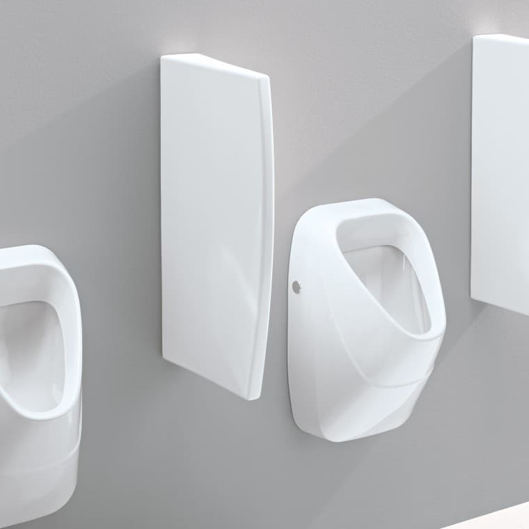 Séparations d’urinoirs Geberit en céramique avec fixations dissimulées Séparations d’urinoirs Geberit en céramique avec fixations dissimulées