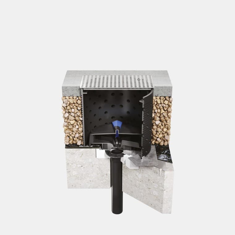 Installation de Geberit Pluvia sur une toiture en béton praticable avec étanchéité bitumineuse Installation de Geberit Pluvia sur une toiture en béton praticable avec étanchéité bitumineuse