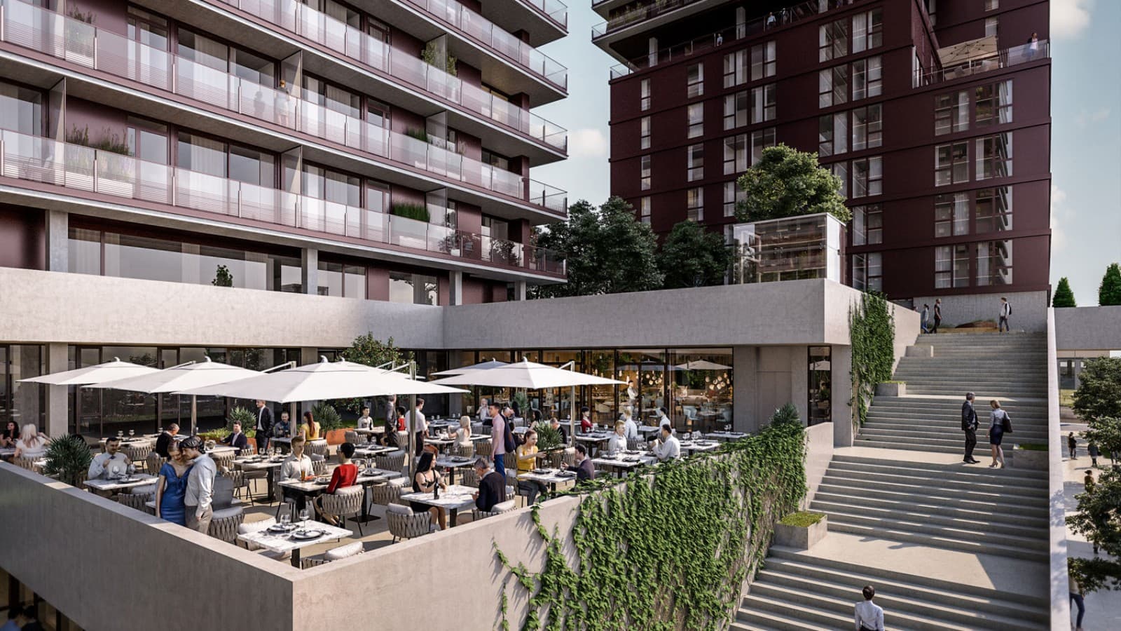 Overhanging roof terraces and gastronomy are part of the offer (© Soravia) Overhanging roof terraces and gastronomy are part of the offer (© Soravia)